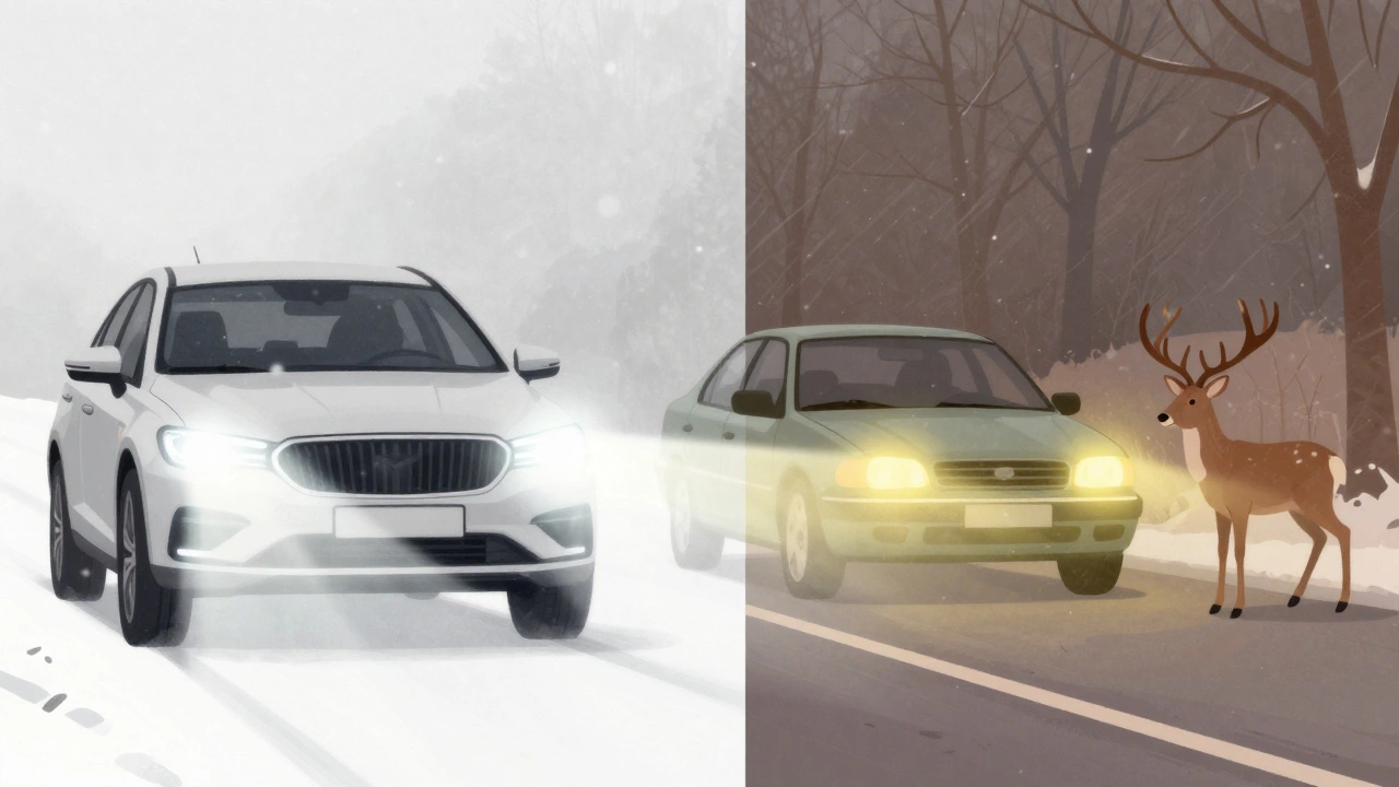 Сравнение белого и желтого света фар в снегопад: белый свет создает ослепительную пелену, желтый — четкую видимость.