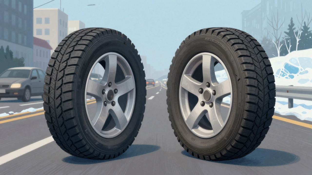 Сравнение новой и изношенной зимней шины с неравномерным износом на фоне городской и трассовой дороги.