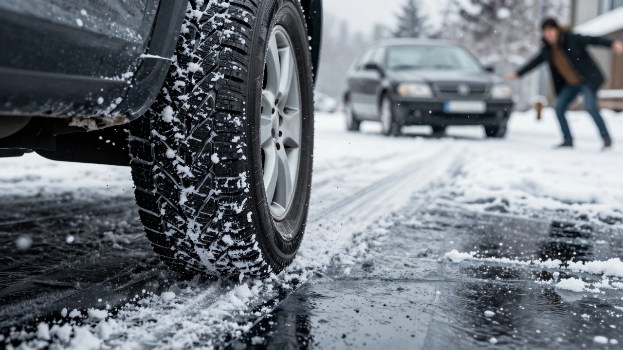 Сравнение зимней и всесезонной резины: одна цепляется за снег, другая скользит по льду.
