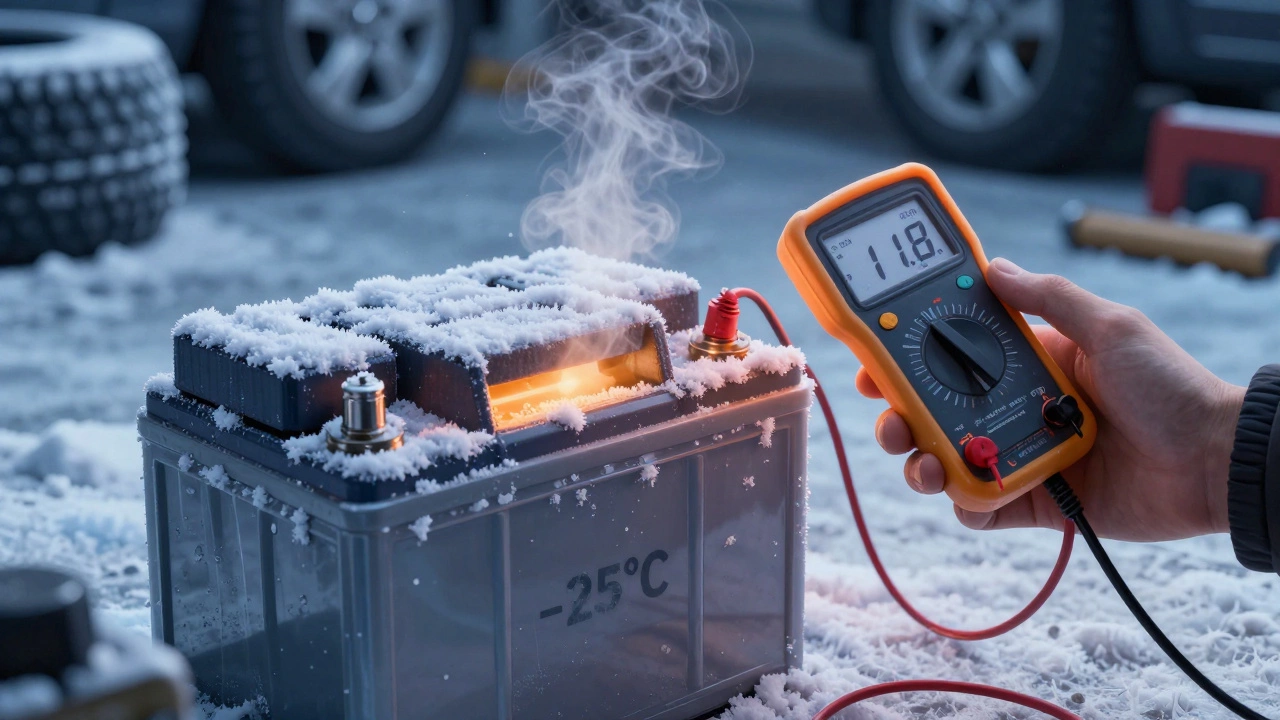 Замерзший аккумулятор в гараже при -25°C с мультиметром, показывающим низкое напряжение.