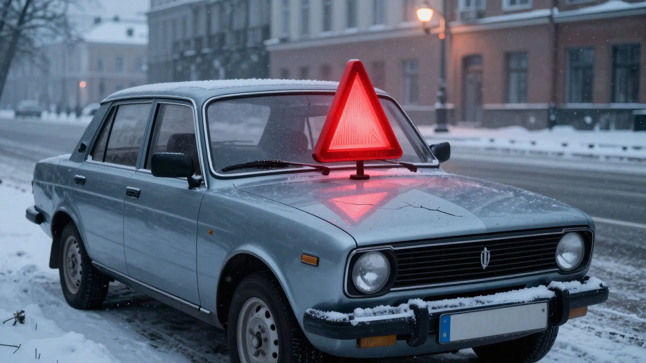 Заснеженная машина в Москве с невидимой угрозой над капотом, символизирующей скрытый отказ ремня ГРМ.