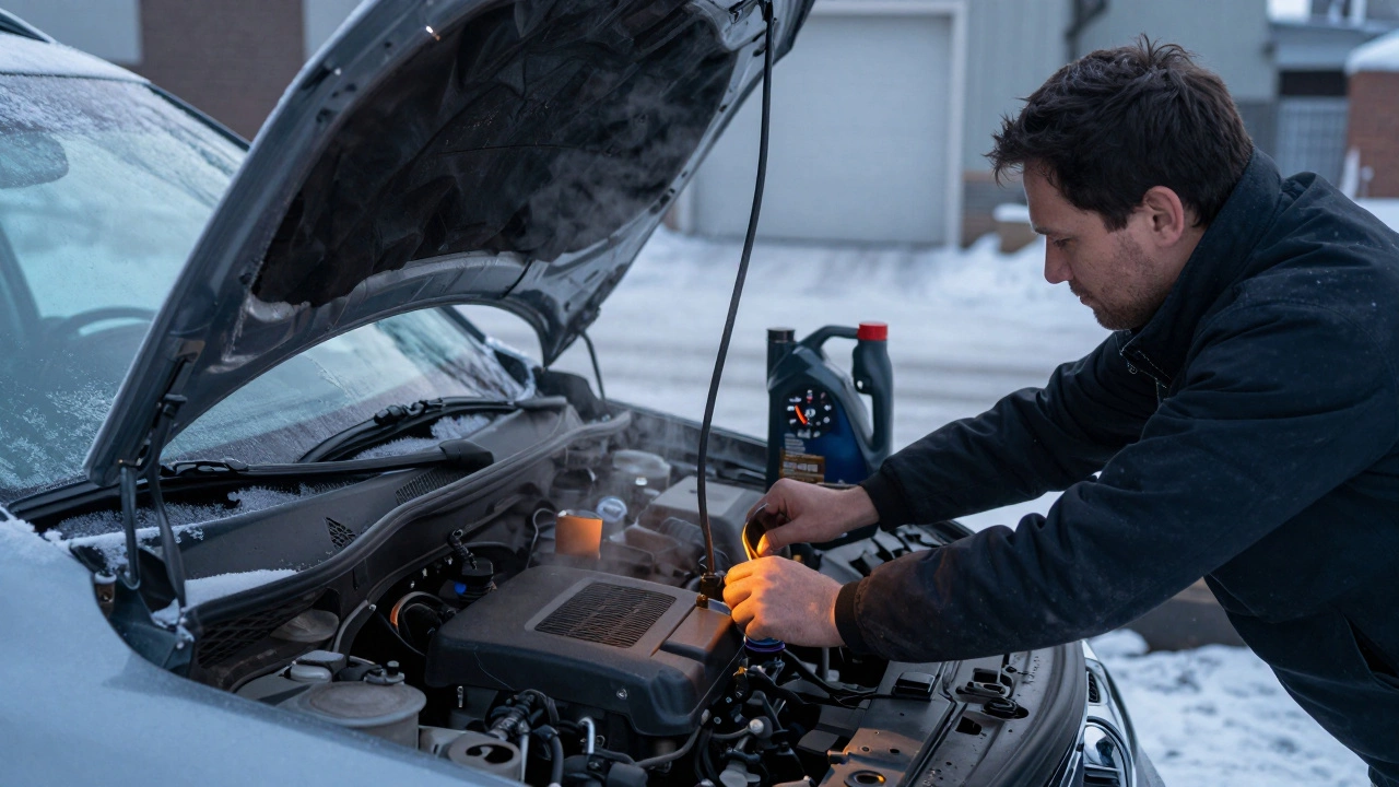 Автомобиль на холостых оборотах зимой после замены масла.