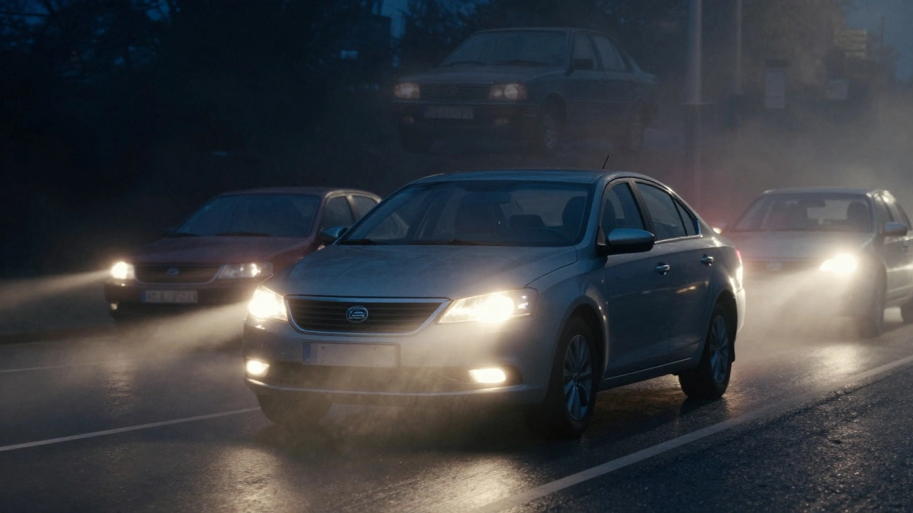 Автомобиль на темной дороге с включенным ближним светом H7, туман и силуэты старых моделей на фоне.