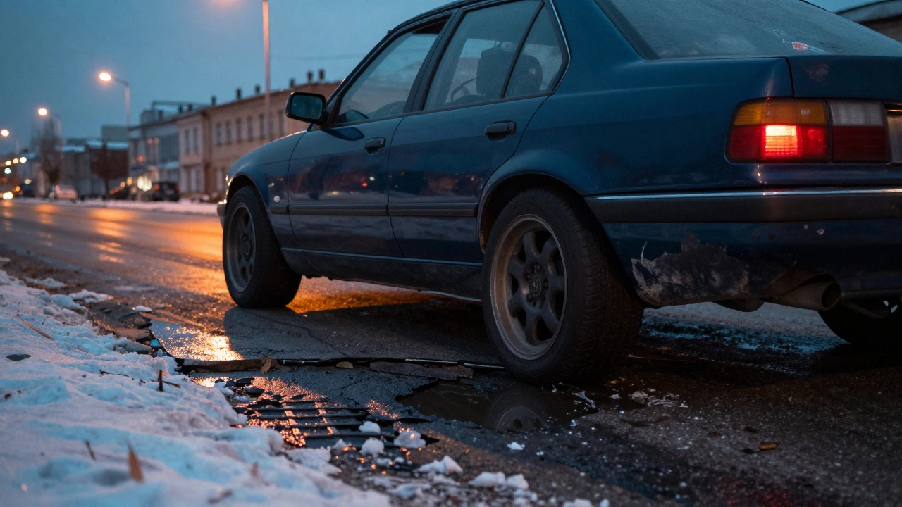 Автомобиль с низкой подвеской едет по разбитой дороге, кузов едва не цепляет асфальт, на заднем плане — городские огни.