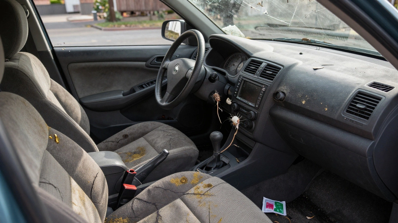 Интерьер автомобиля с плесенью на сиденьях, перегнившими проводами и треснувшей панелью.