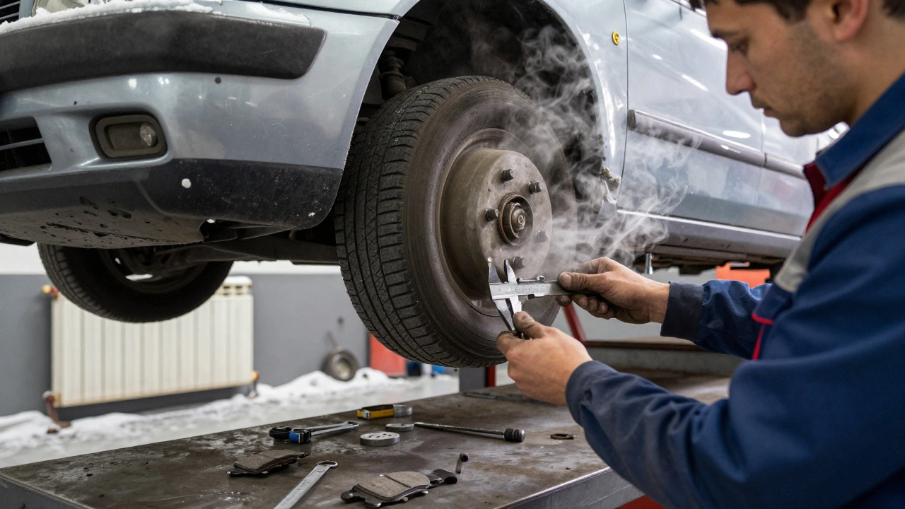 Механик измеряет толщину тормозных колодок в гараже зимой