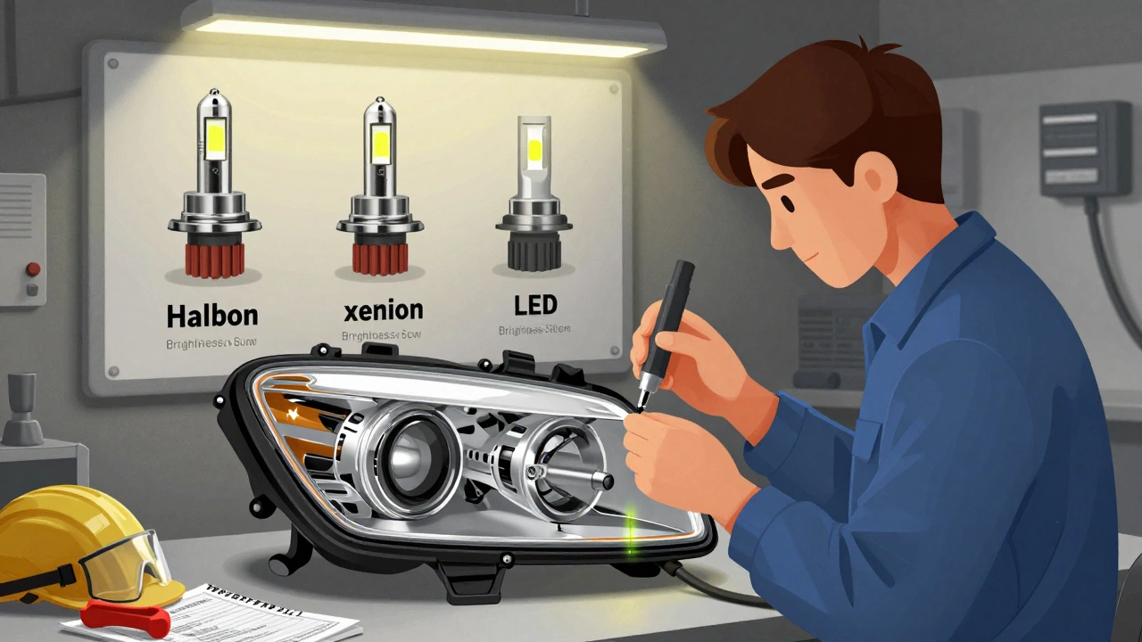 Механик устанавливает светодиодные лампы в фару автомобиля, проверяя угол света с помощью лазерного уровня.