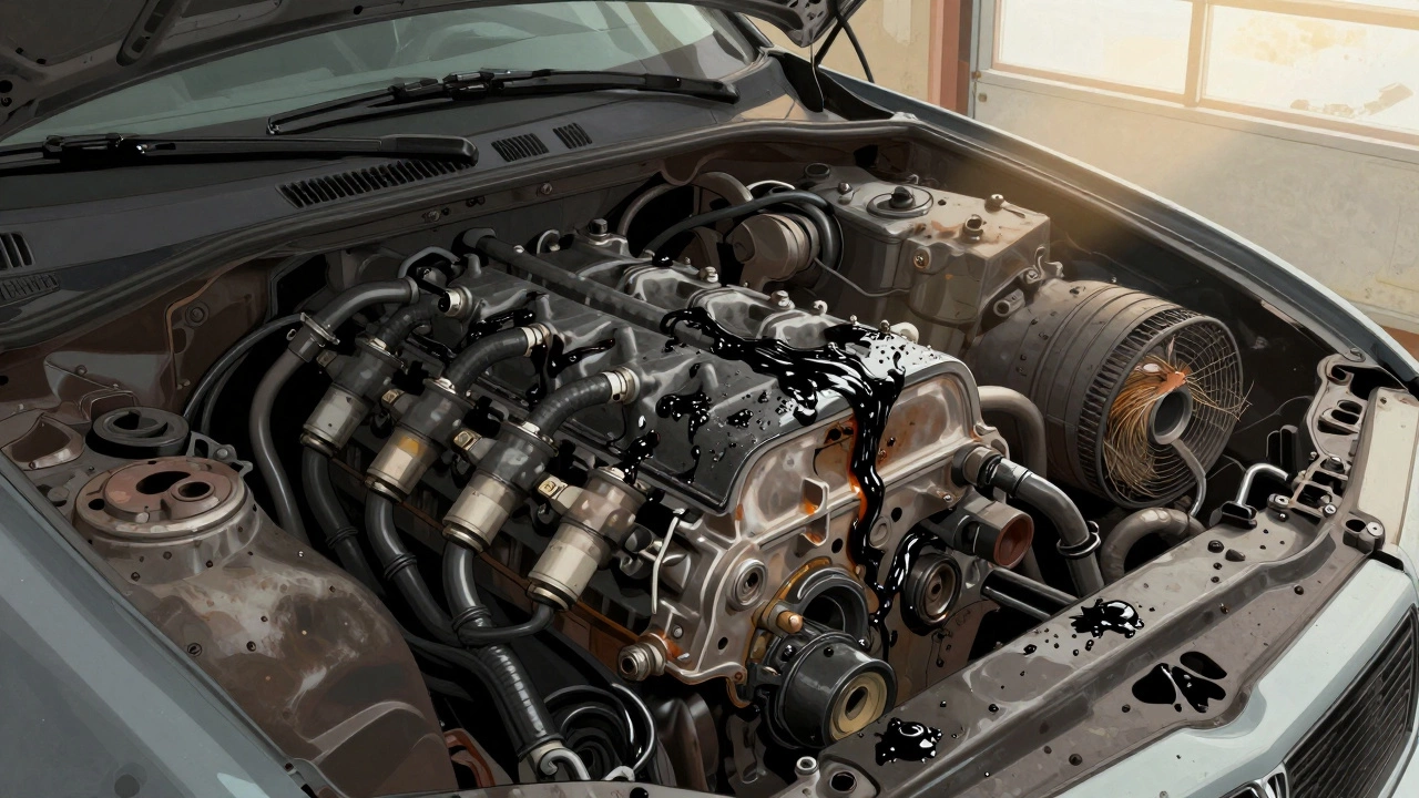 Моторный отсек с засохшим топливом, масляными пятнами и гнездом мыши в воздушном фильтре.