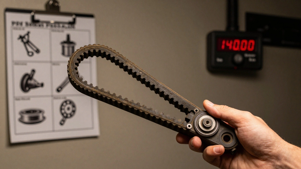 Новый и изношенный ремни ГРМ рядом, с инструментами и списком заменяемых деталей на фоне.