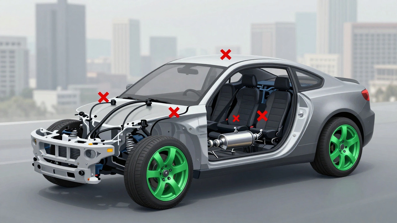 Разобранный чертёж автомобиля с красными крестами на запрещённых модификациях и зелёными отметками на безопасных изменениях.