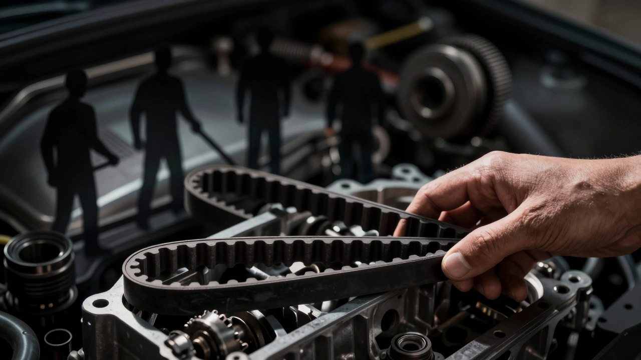 Рука устанавливает новый ремень ГРМ, а старые повреждённые детали исчезают в тени
