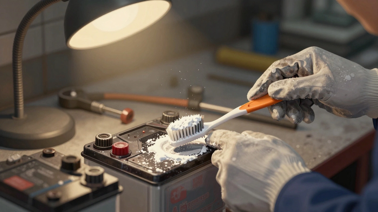 Руки очищают клеммы аккумулятора раствором соды от коррозии в гараже.