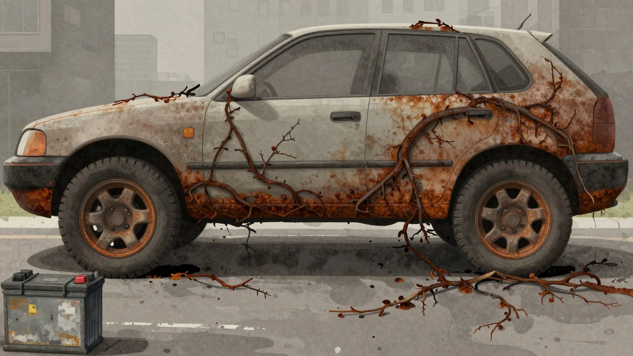 Ржавчина распространяется по днищу автомобиля, рядом треснувшие шины и аккумулятор.