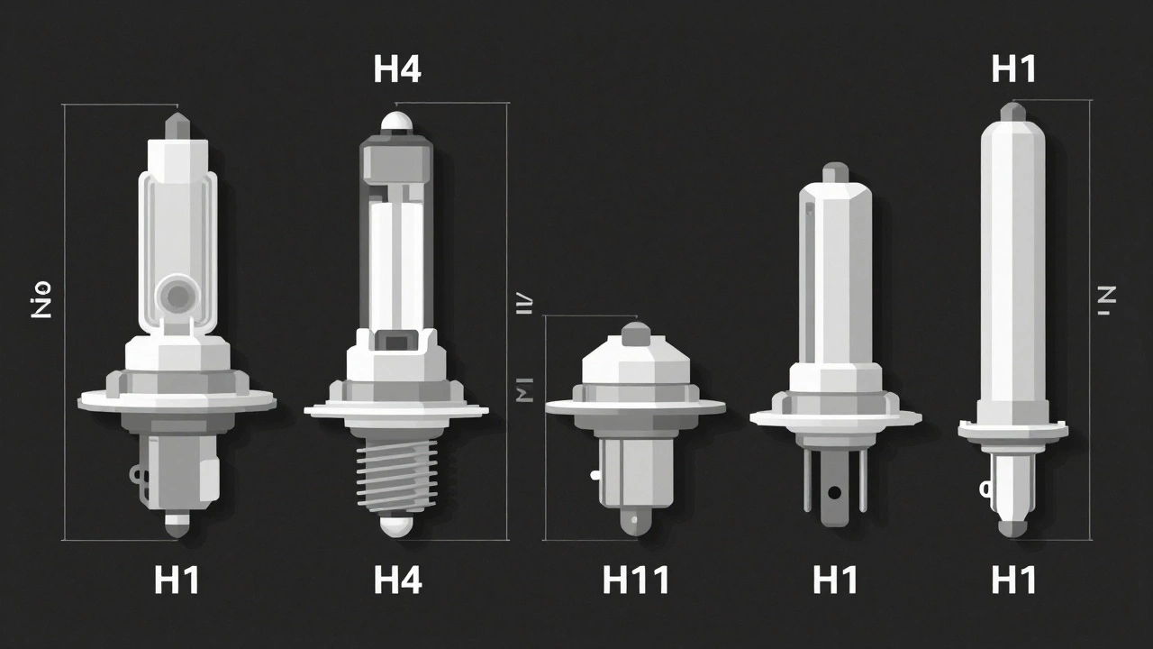 Сравнение цоколей автоламп: H7, H4, H11 и H1 с четкими контурами и подписями.