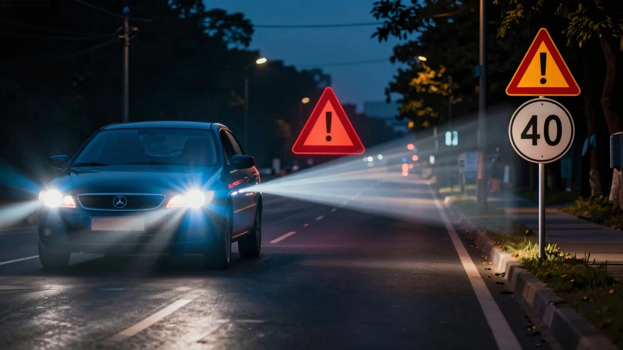 Сравнение: слева — ослепляющий синий свет, справа — четкий белый свет фар, освещающий дорогу и знаки.