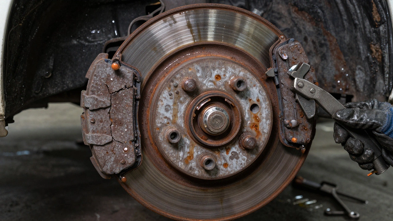 Заржавевший тормозной диск с прилипшими колодками под ярким светом.