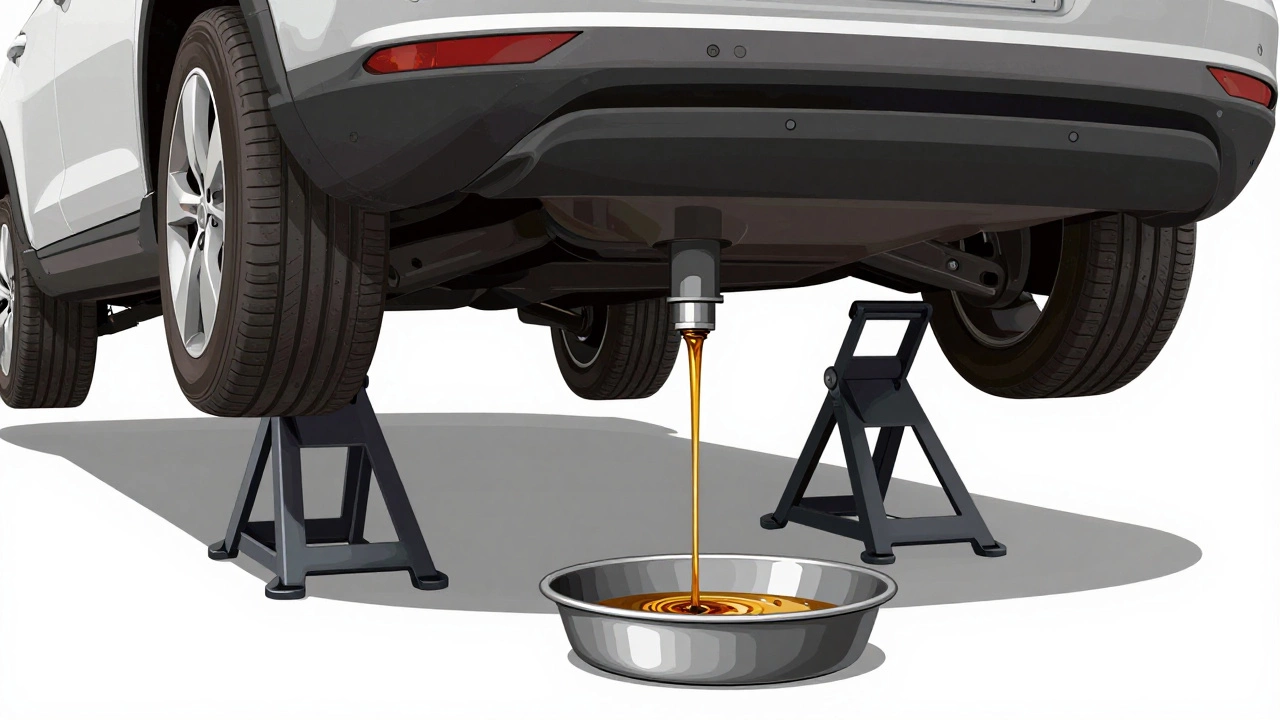 Автомобиль на домкратах, слив масла в поддон.