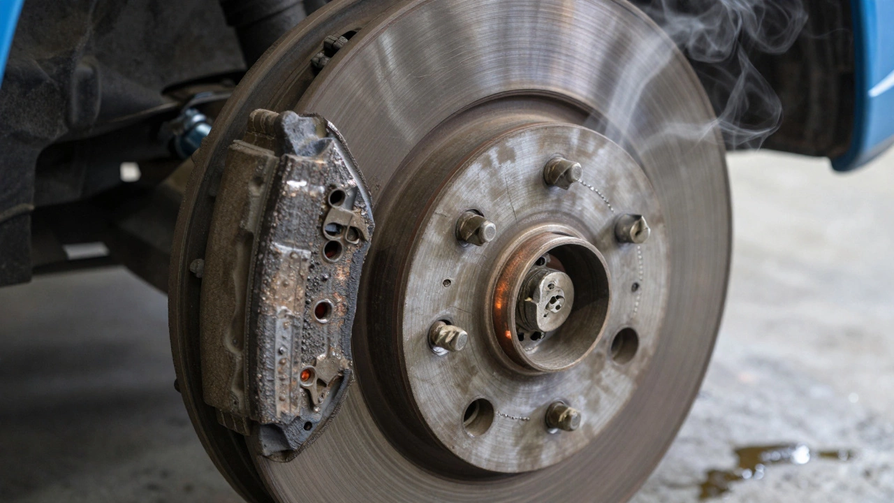 Деформированный тормозной диск с царапинами и следами перегрева, колодка стёрта до металла.