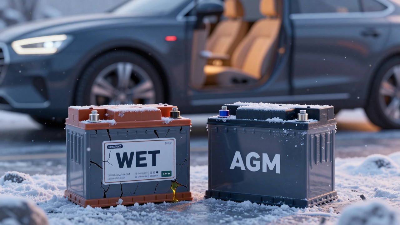 Два типа аккумуляторов на снегу: один поврежденный, другой — современный AGM с индикатором старт-стоп.