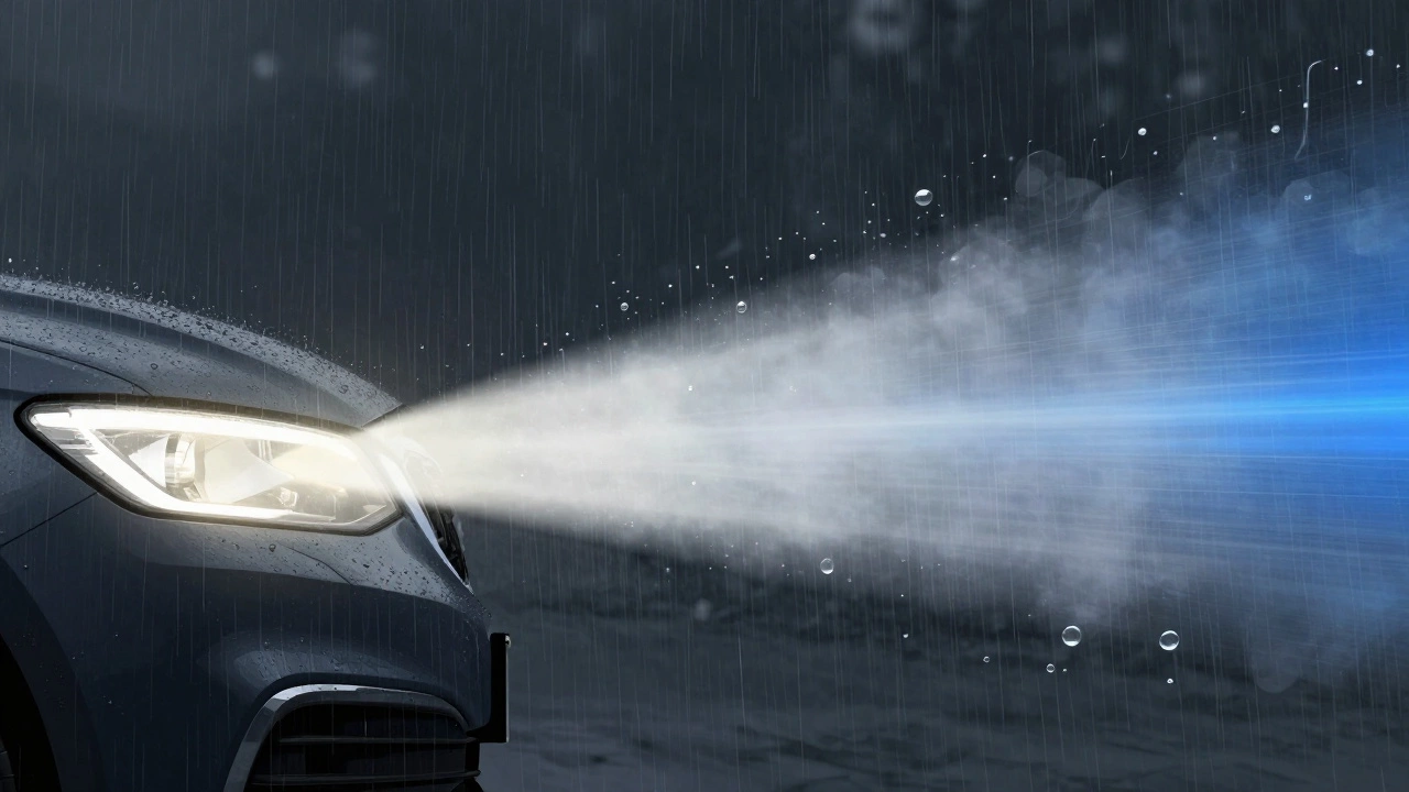 Два типа фар: теплый белый свет (3800 К) проникает сквозь дождь, а холодный синий свет (6000 К) рассеивается, создавая блики и мутный ореол.