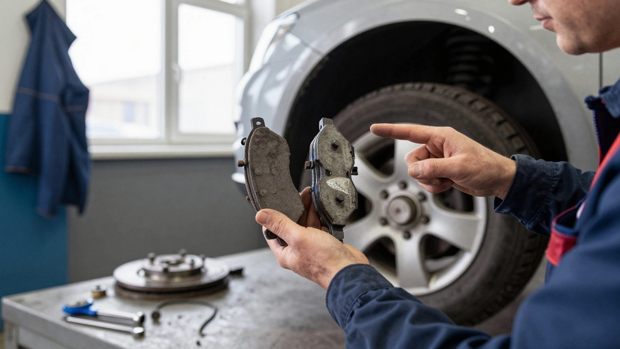 Механик показывает изношенную и новую тормозные колодки, колесо снято, инструменты на полу.