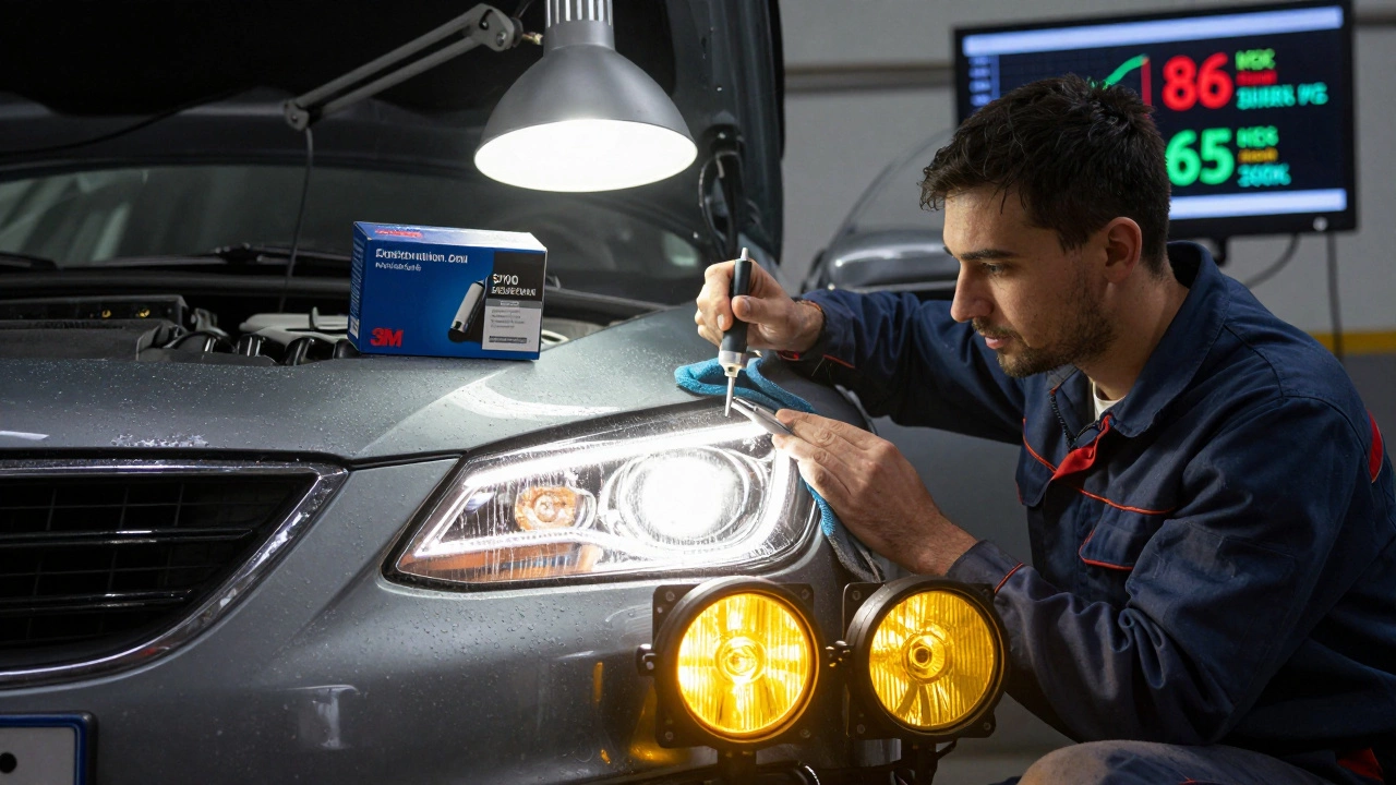 Механик полирует мутные фары автомобиля с помощью набора 3M, на экране за ним — график сравнения видимости при разных цветовых температурах ламп.