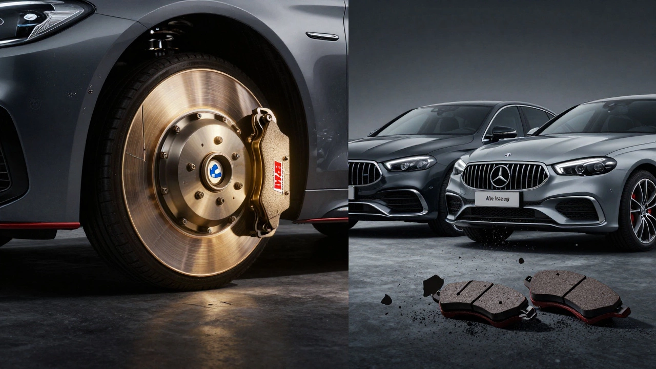 Оригинальные тормозные колодки ATE рядом с немецкими автомобилями, в противовес разрушающимся поддельным колодкам.