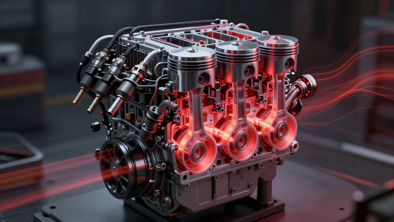 Прозрачный разрез дизельного двигателя с тепловыми потоками и работающими форсунками.