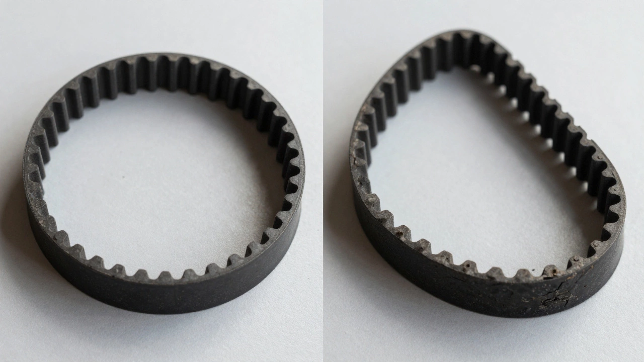 Сравнение нового и изношенного ремня ГРМ: чёткие зубья против стёртых и треснутых.