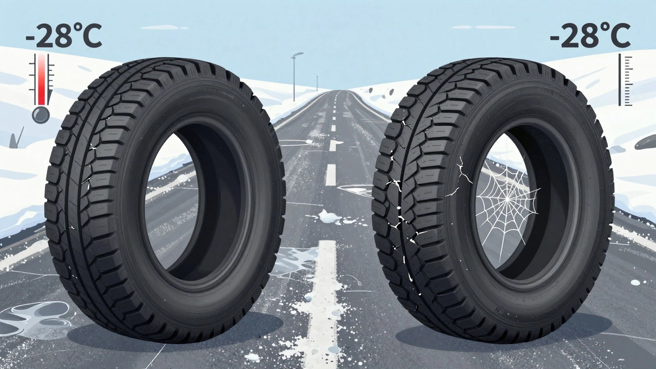 Сравнение новой и 7-летней шины: внутренние трещины и потеря эластичности