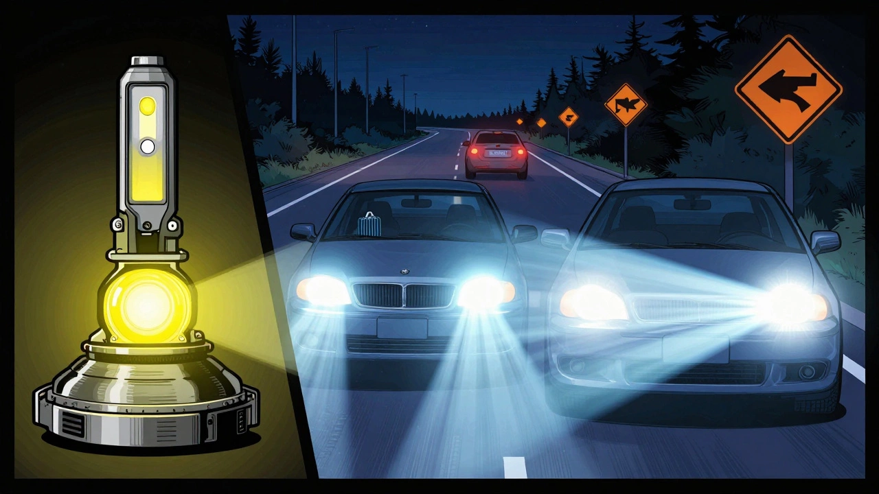 Сравнение трех типов ламп: галогенка, ксенон и светодиод в стиле комикса с акцентом на блики и правильное освещение.