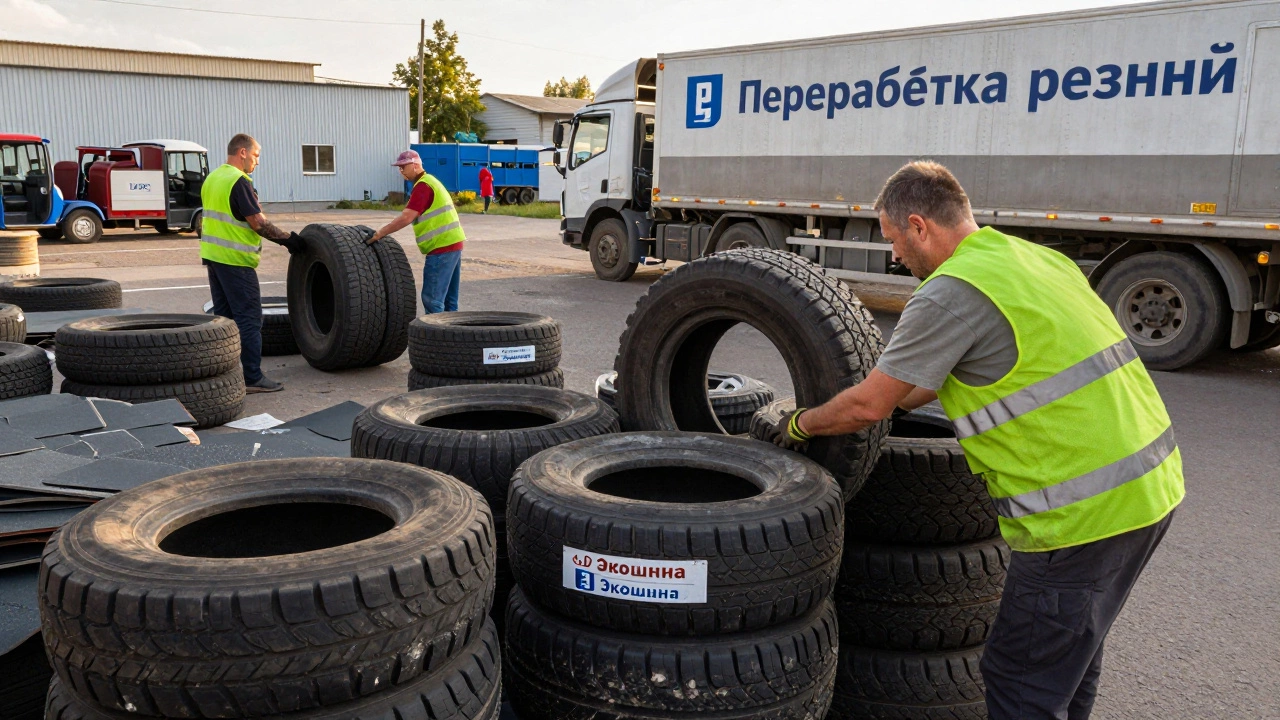 Старые шины на переработке в центре 'Экошина', превращающиеся в дорожные плитки
