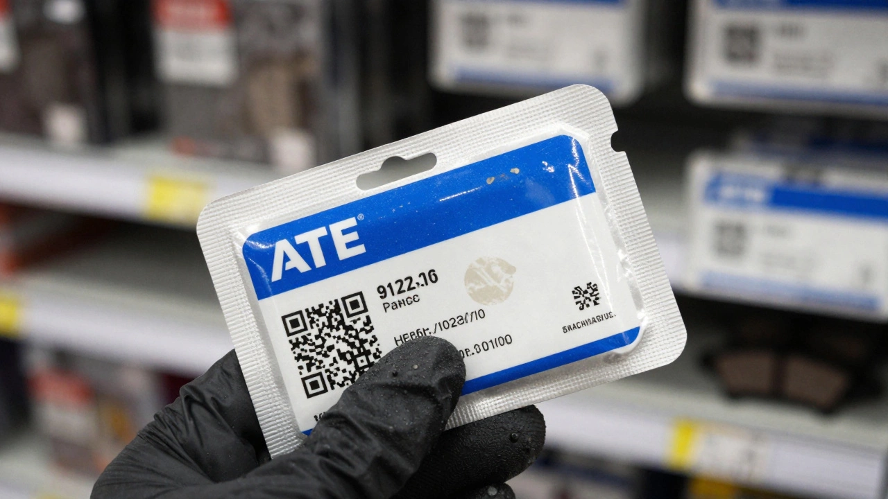 Упаковка оригинальных тормозных колодок ATE с QR-кодом и четкой маркировкой, рядом с поддельной версией.