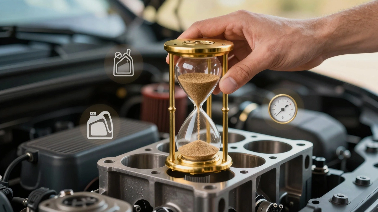 Золотые пески течут вверх внутри двигателя, символизируя продление срока службы