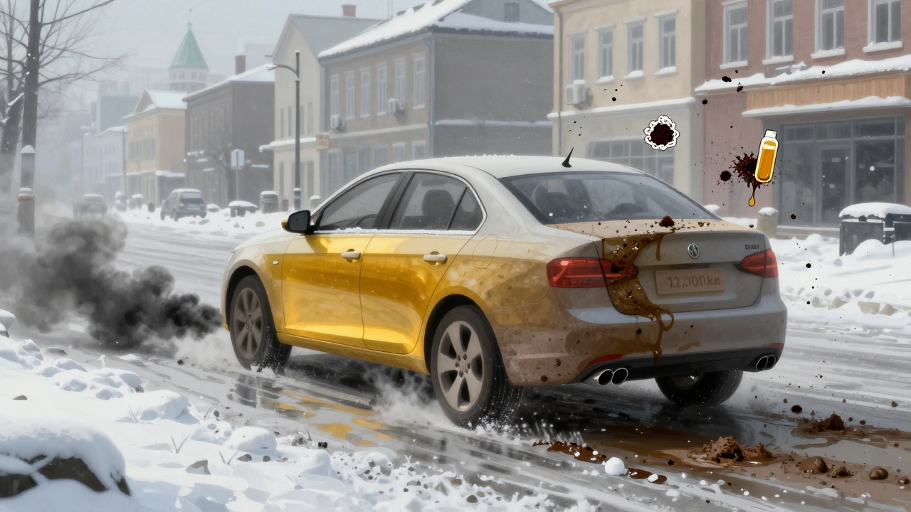Автомобиль едет по заснеженному городу, внутри двигателя визуализировано постепенное загрязнение масла от золотистого до грязно-коричневого цвета.