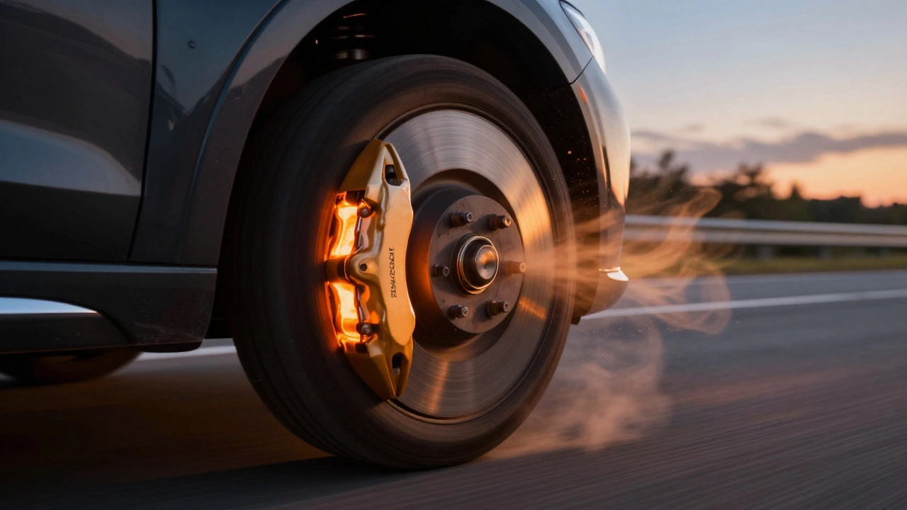 Автомобиль тормозит на трассе, видны тормозные диски и колодки