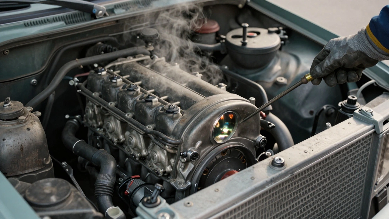 Двигатель с пробегом 420 000 км, работающий без сбоев, с чистым радиатором и масляным щупом