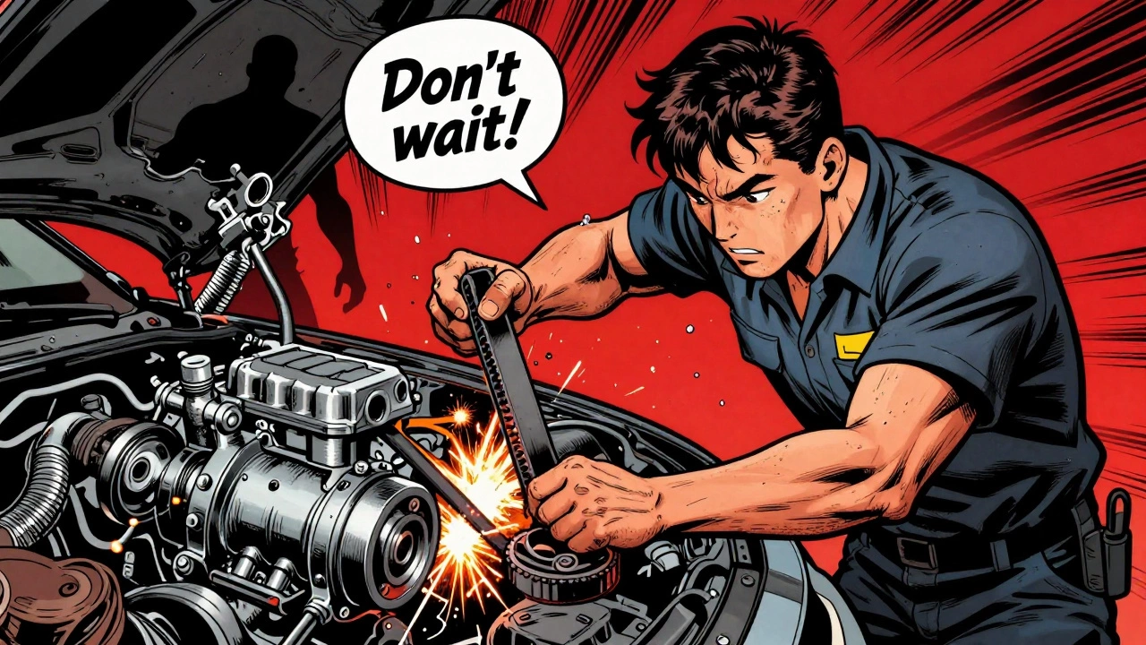 Комикс-сцена: механик заменяет водяной насос, на фоне — разрушенный двигатель, надпись 'Не жди!'