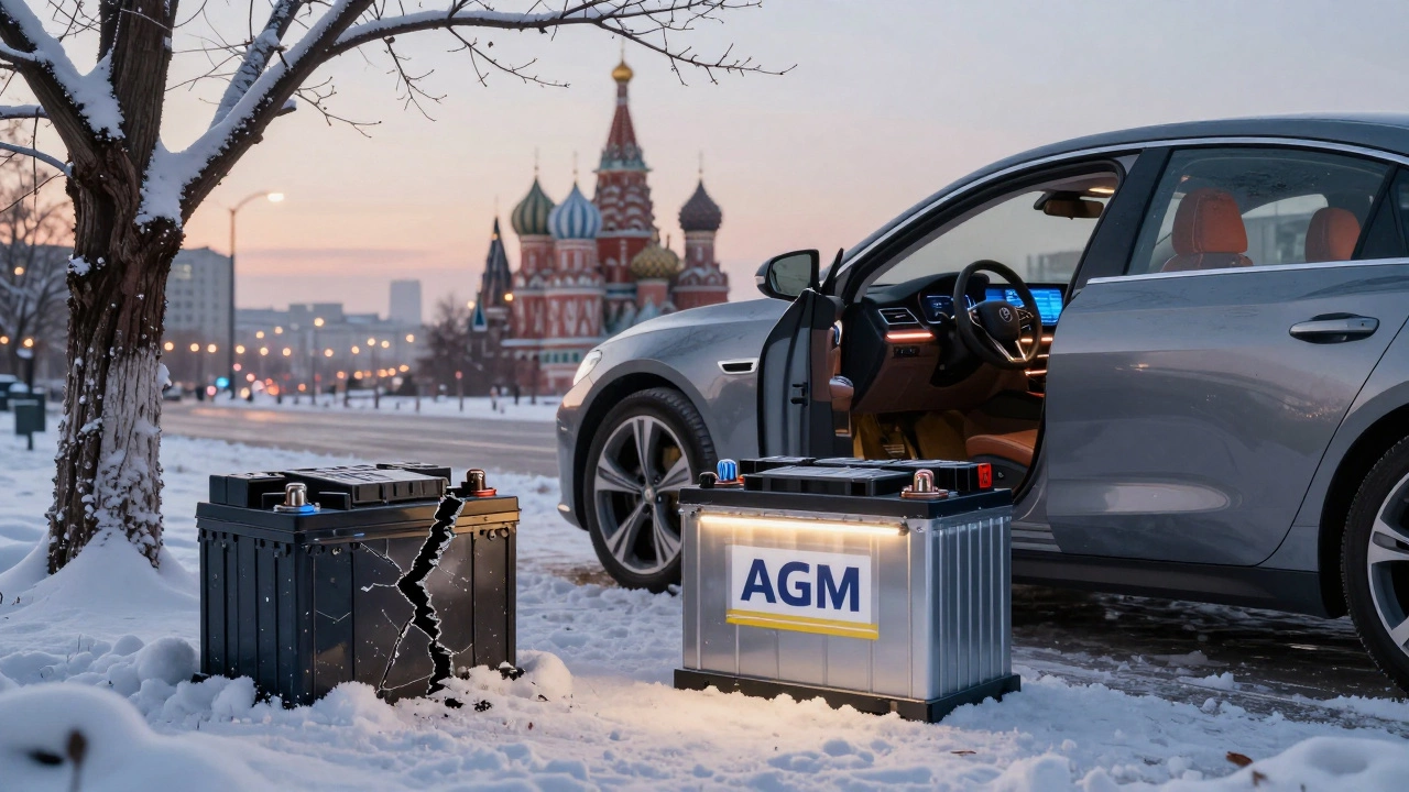 Контраст: мёртвый свинцово-кислотный аккумулятор в снегу и работающий AGM в современной машине на фоне Москвы.