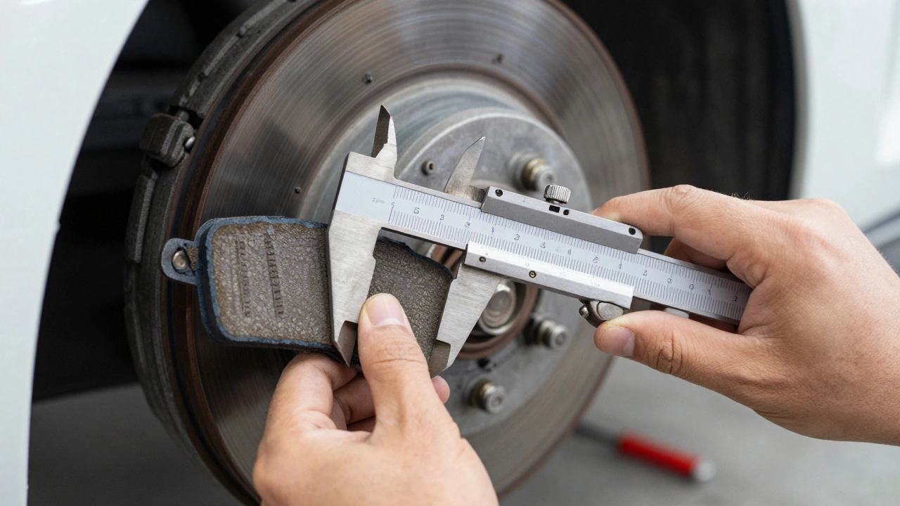 Механик измеряет толщину фрикционной накладки тормозной колодки