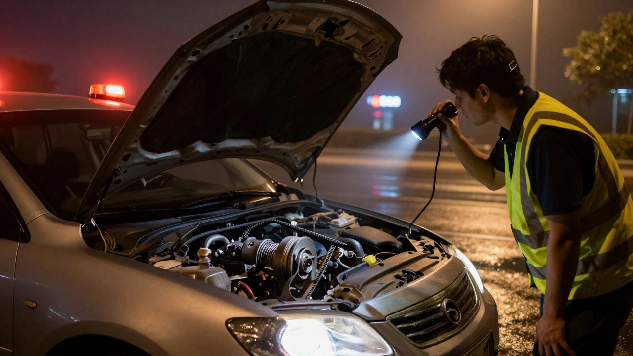 Механик осматривает двигатель с эндоскопом после обрыва ремня ГРМ на обочине.