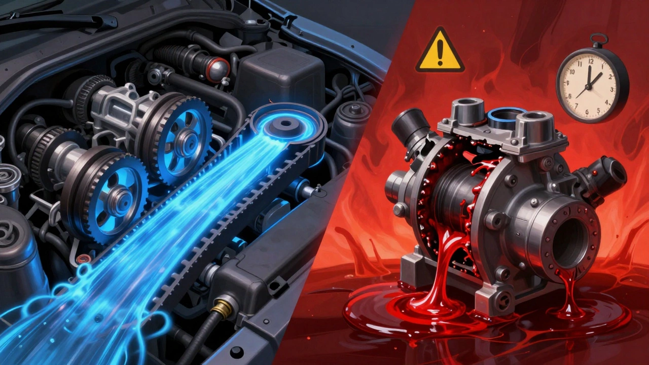 Разделённое изображение двигателя: один бок — новый насос с синей охлаждающей жидкостью, другой — протекающий насос с красной утечкой.