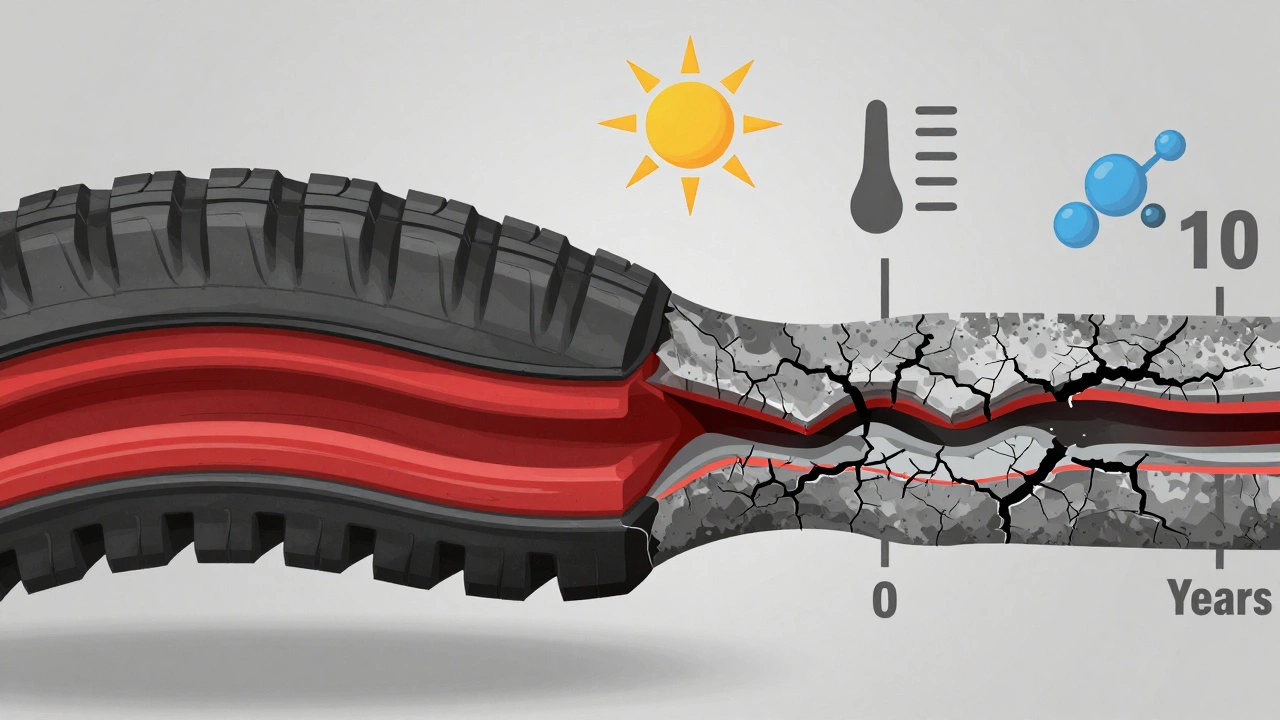 Разрез шины Hankook, показывающий свежую и старую резину с трещинами под воздействием УФ-лучей и холода.