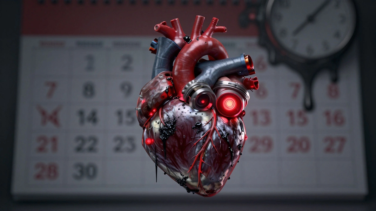 Сердце, сделанное из деталей двигателя, забитое черной грязью, символизирующее разрушение мотора от старого масла.