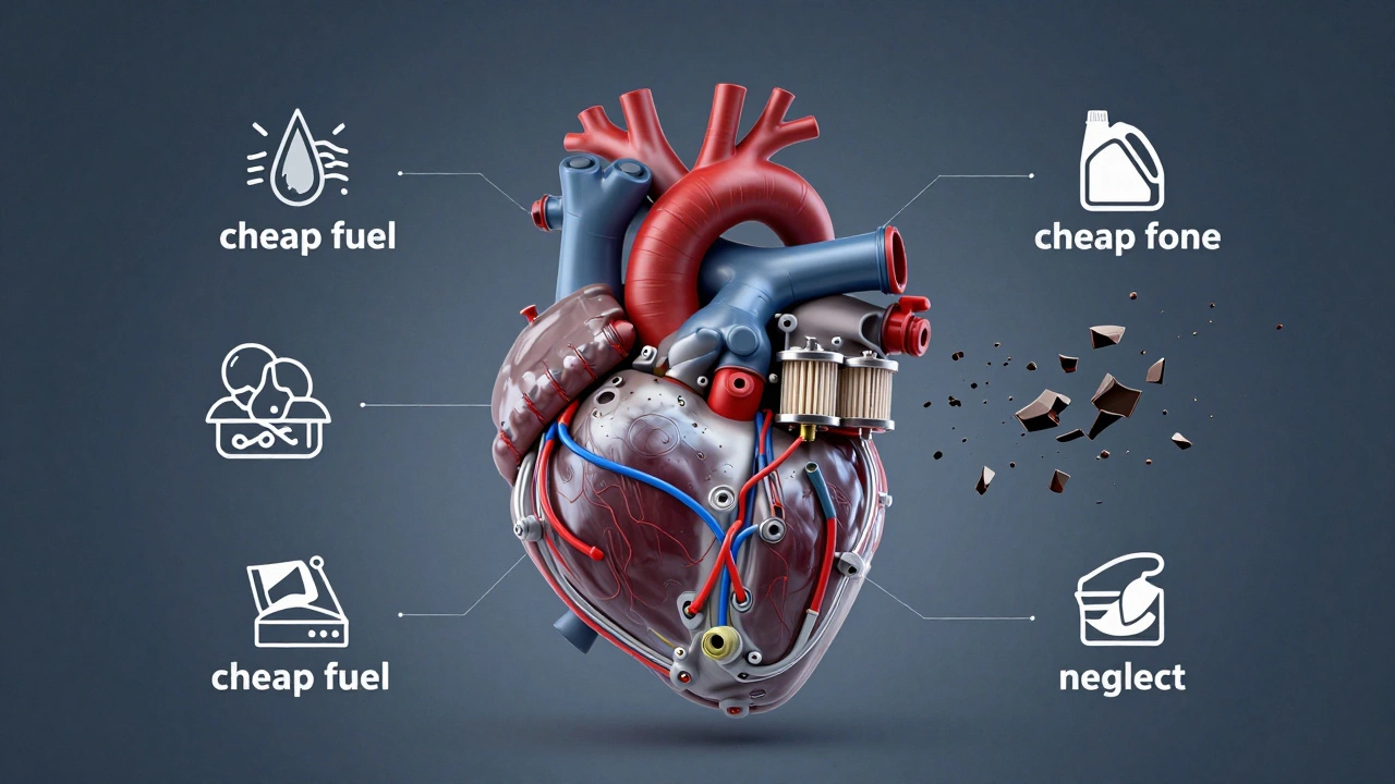 Сердце в виде двигателя, окружённое символами качественного масла и фильтров