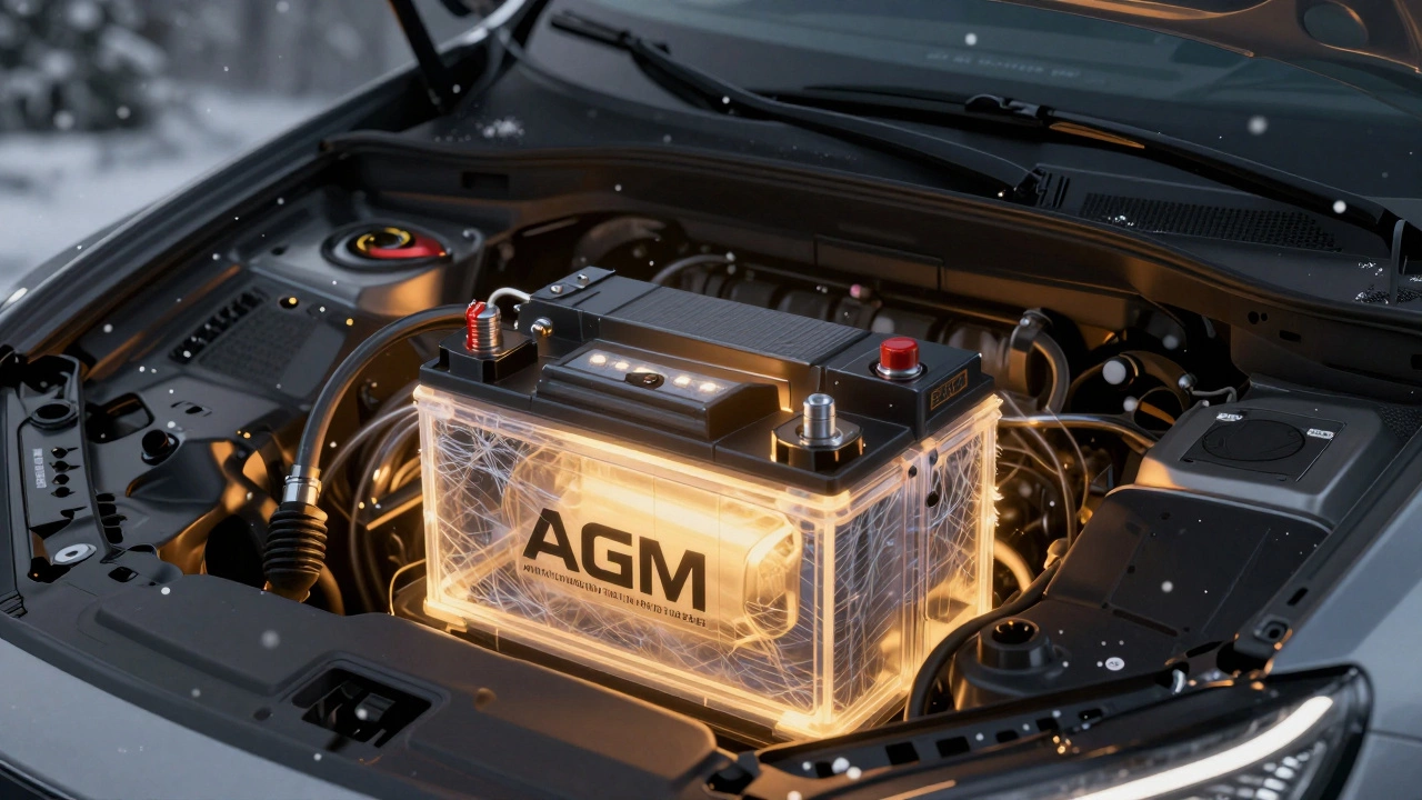 Современный AGM-аккумулятор в моторном отсеке автомобиля с видимой стекловолоконной конструкцией и мягким свечением.