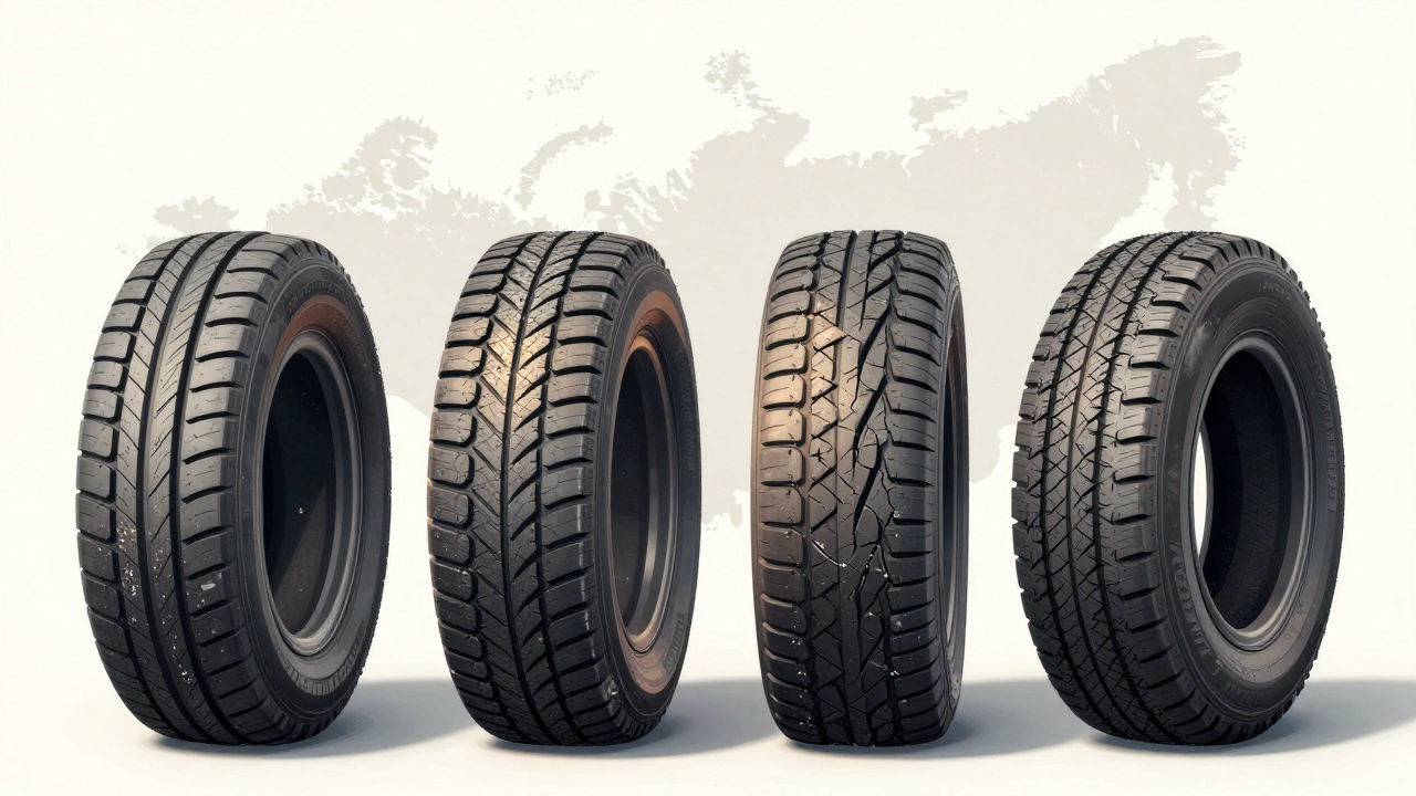 Сравнение четырёх шин Hankook: новая, с износом, с трещинами и деформированная.