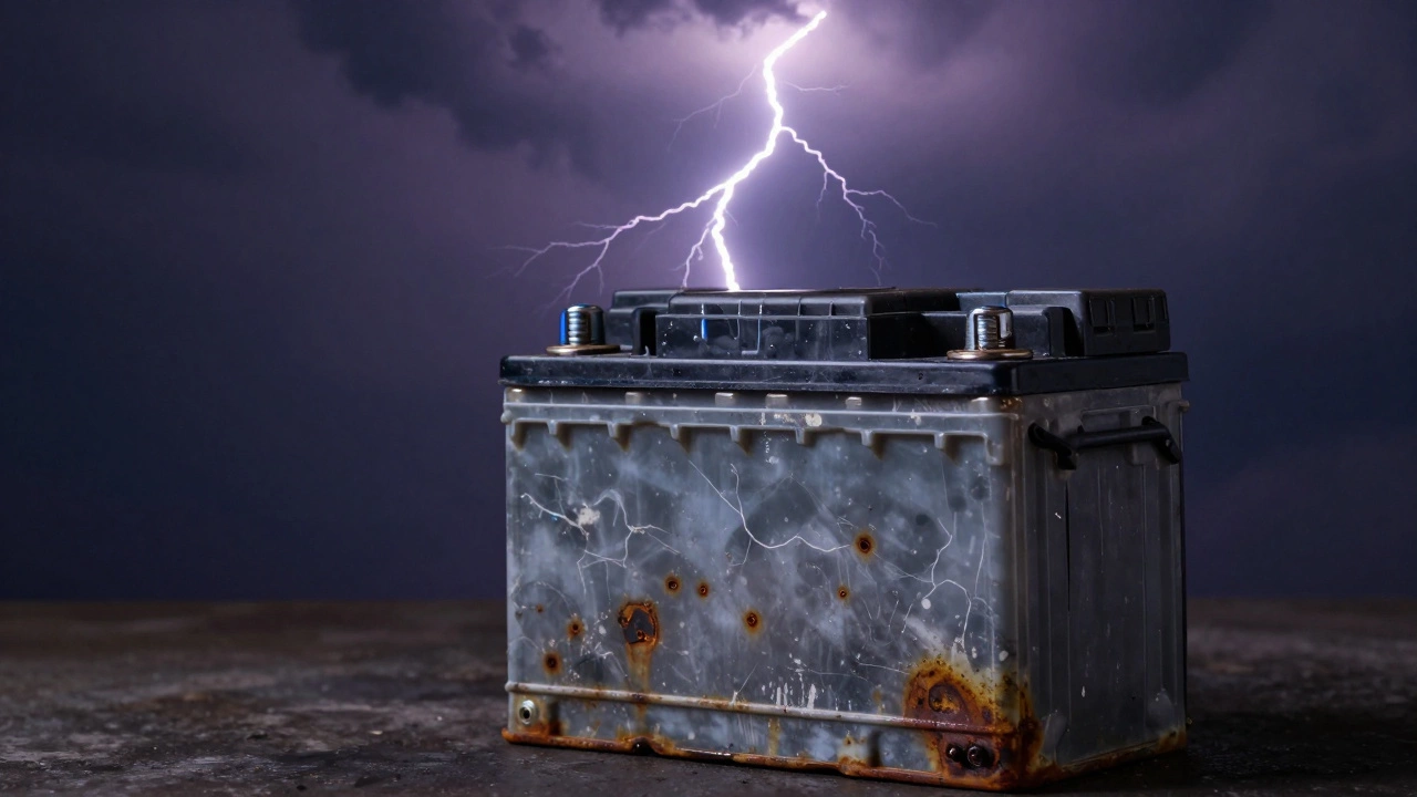 Старый аккумулятор со следами коррозии под прожектором