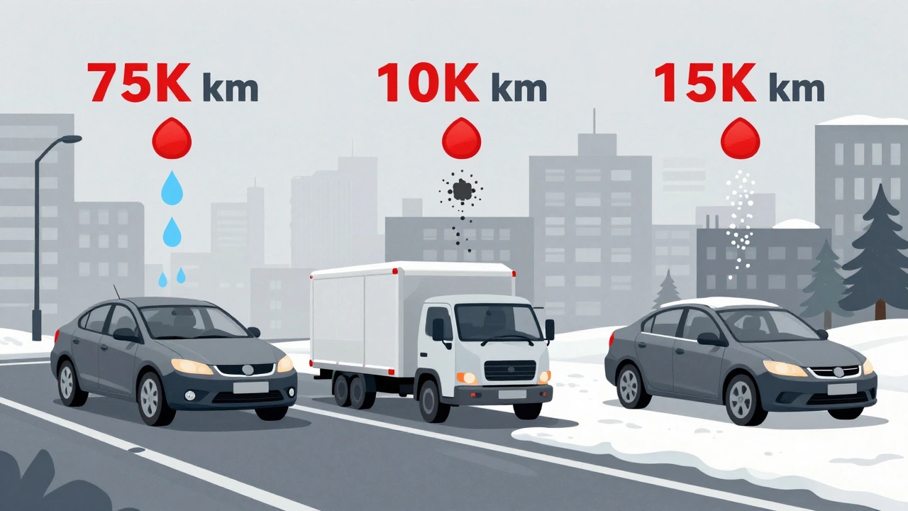 Три автомобиля в разных условиях вождения с указанными интервалами замены масла: город, буксировка, снег.