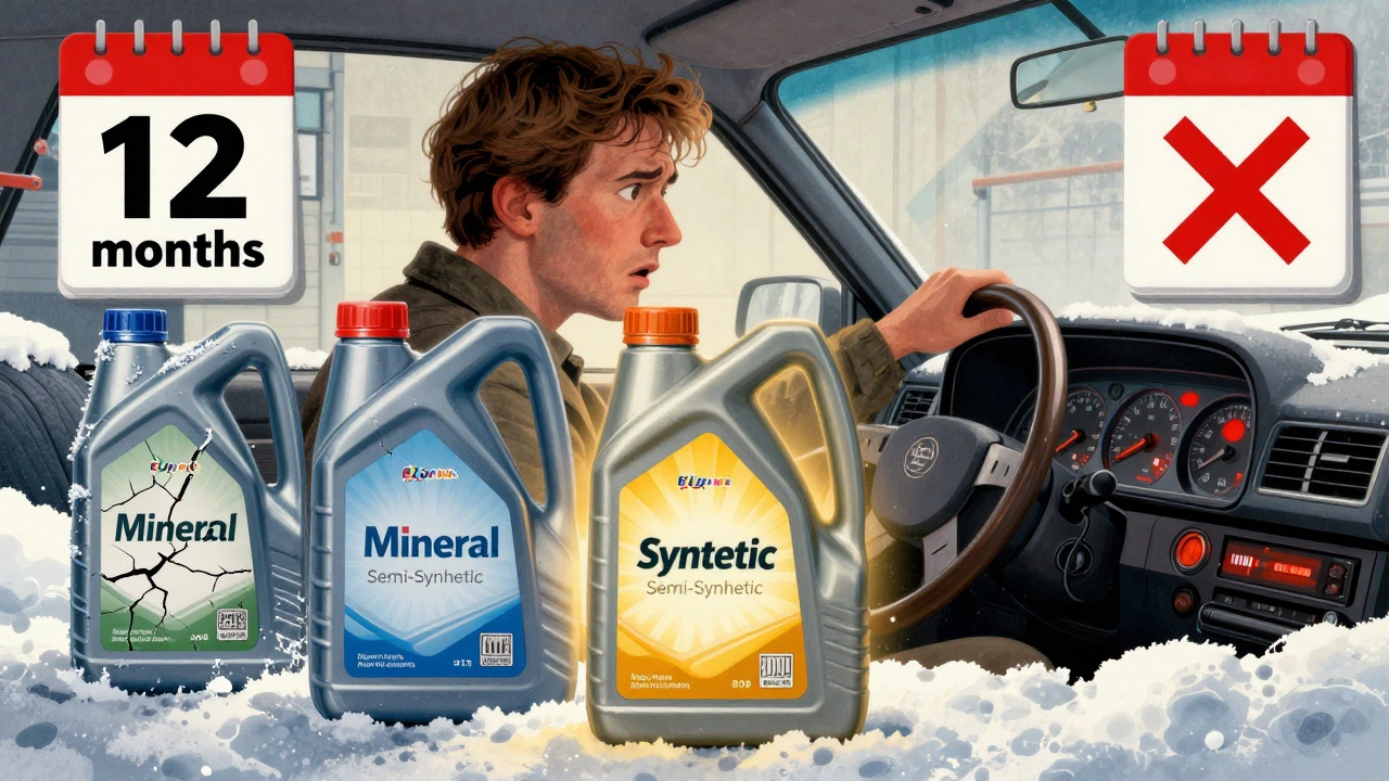 Винтажный плакат: водитель смотрит на лампочку предупреждения, рядом три бутылки масла с разными типами, синтетическое защищает двигатель.